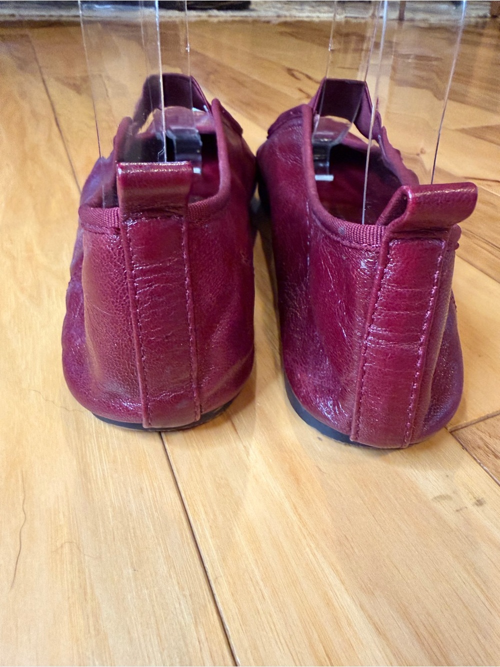 Zara Wine Red Leather Ballet Flats with Elastic Crossover Strap - Picture 5 of 11
